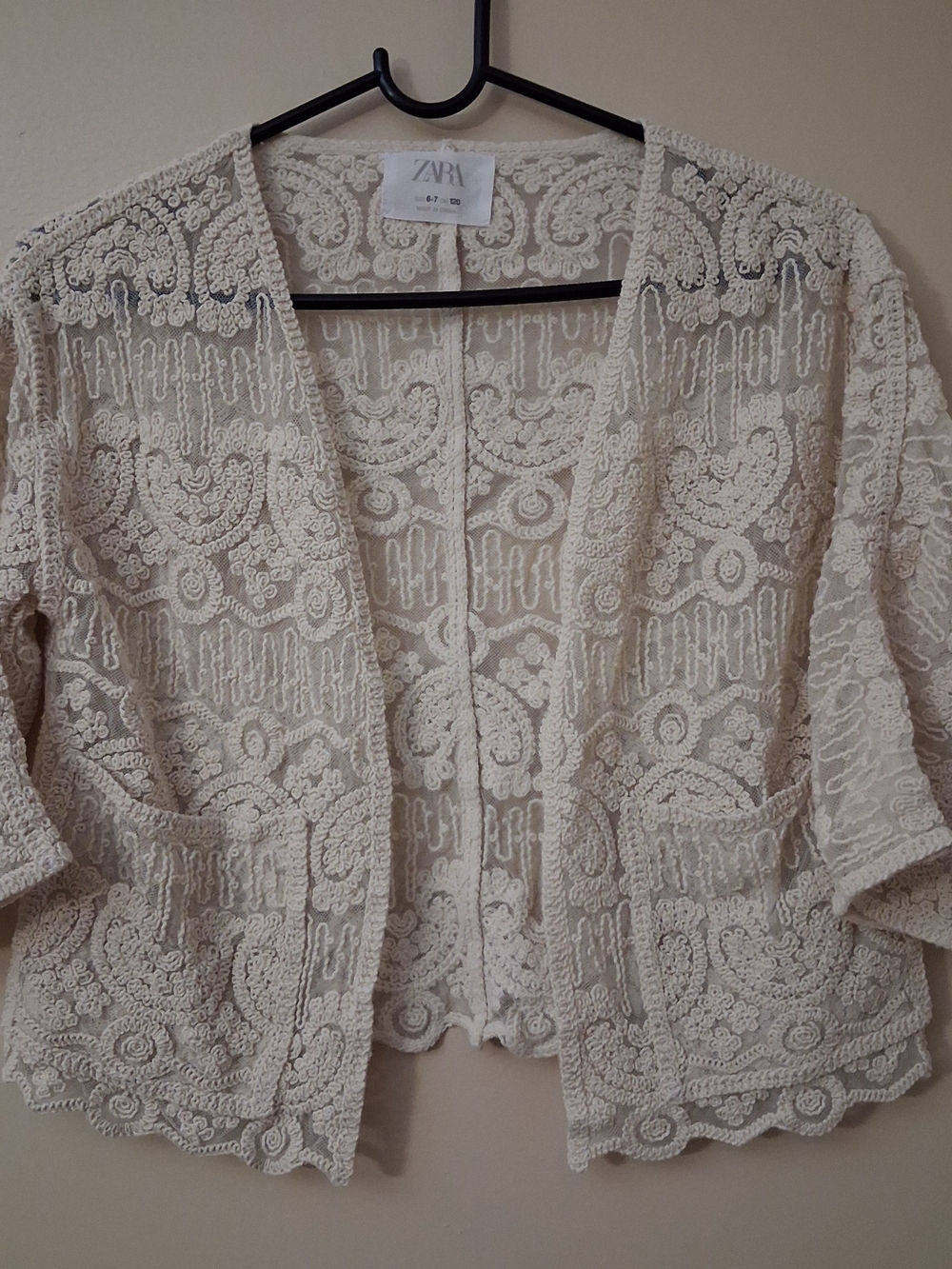 Zara Kids Ivory Lace Open Front Cardigan Embroidered Mesh Girls Size 6-7‎ 120cm